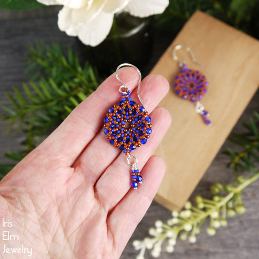 Cobalt Blue and Burnt Orange Beaded Wreath Czech Glass Dangle Earrings