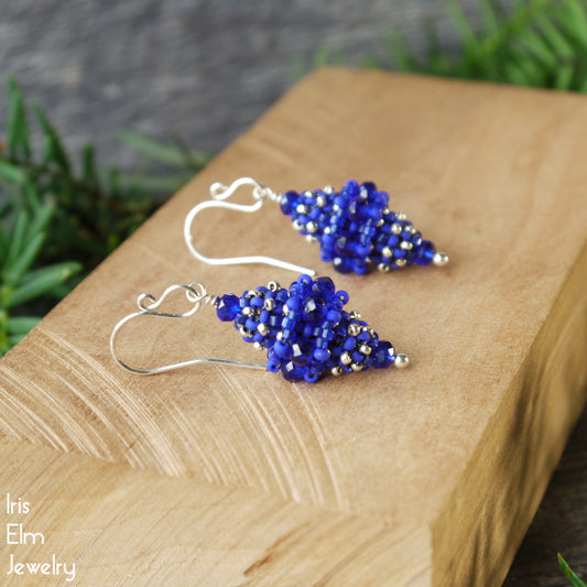 Cobalt Blue Glass Woven Bead Vintage Style Earrings
