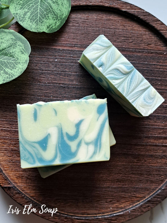 Two rectangular bars of swirled light green and white agave lime handmade soap resting on a round dark wooden tray, with decorative green leaves in the upper left corner. The text 'Iris Elm Soap' appears in the lower left.