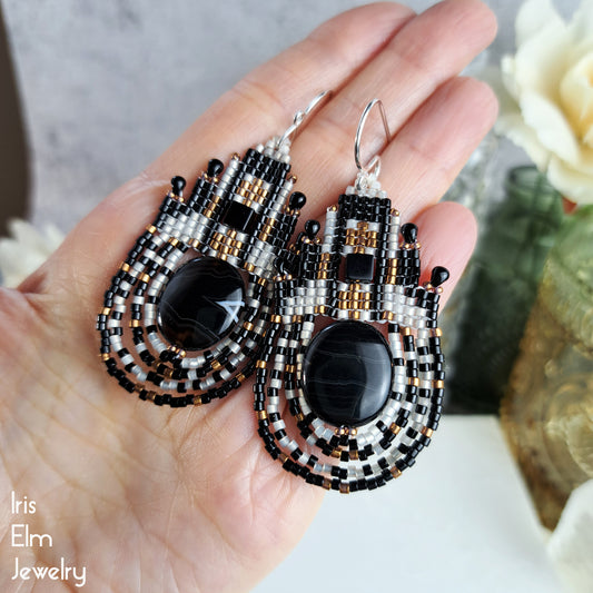 Bohemian Black Agate Stone and Seed Bead Woven Earrings