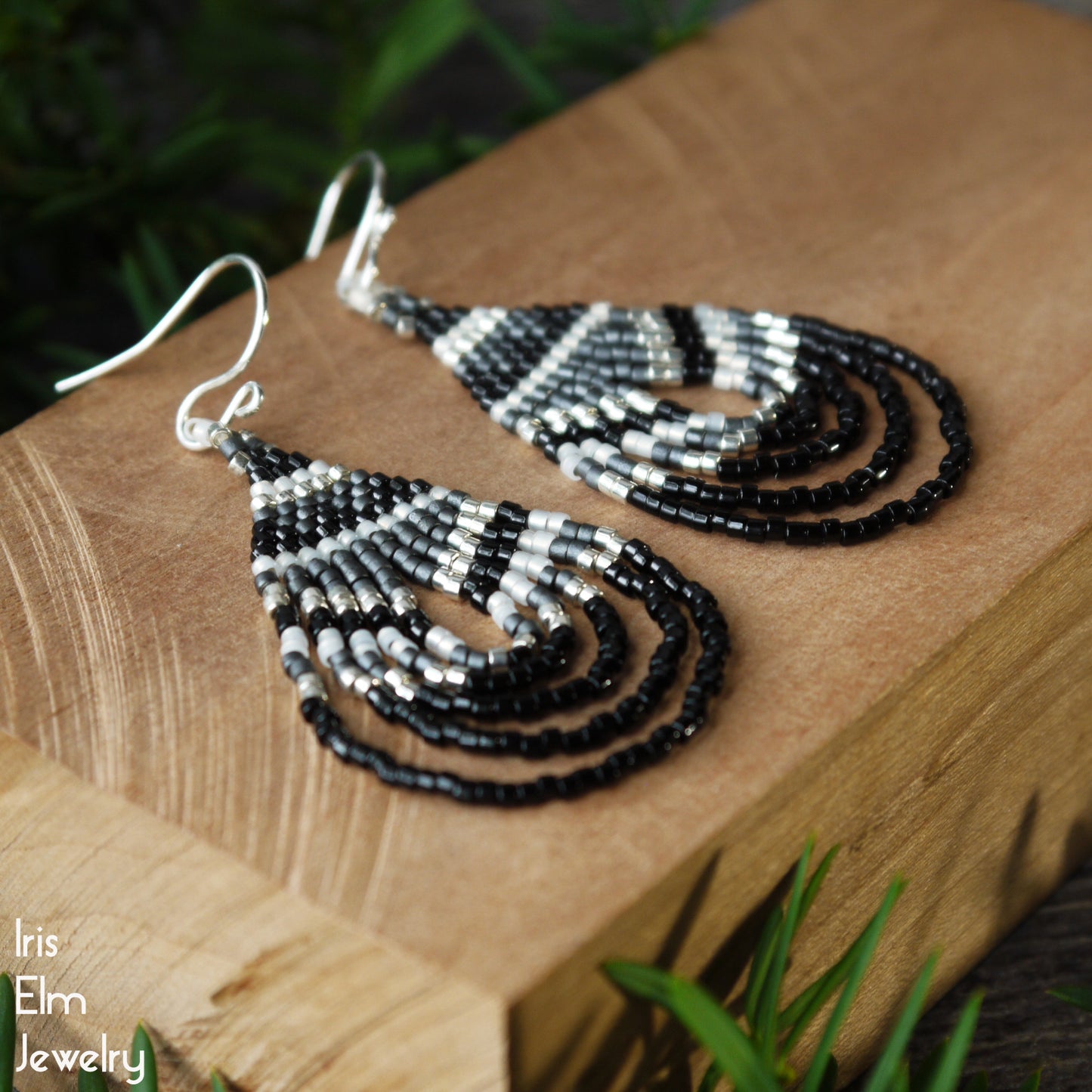 Black and Grey Boho Teardrop Seed Bead Earrings