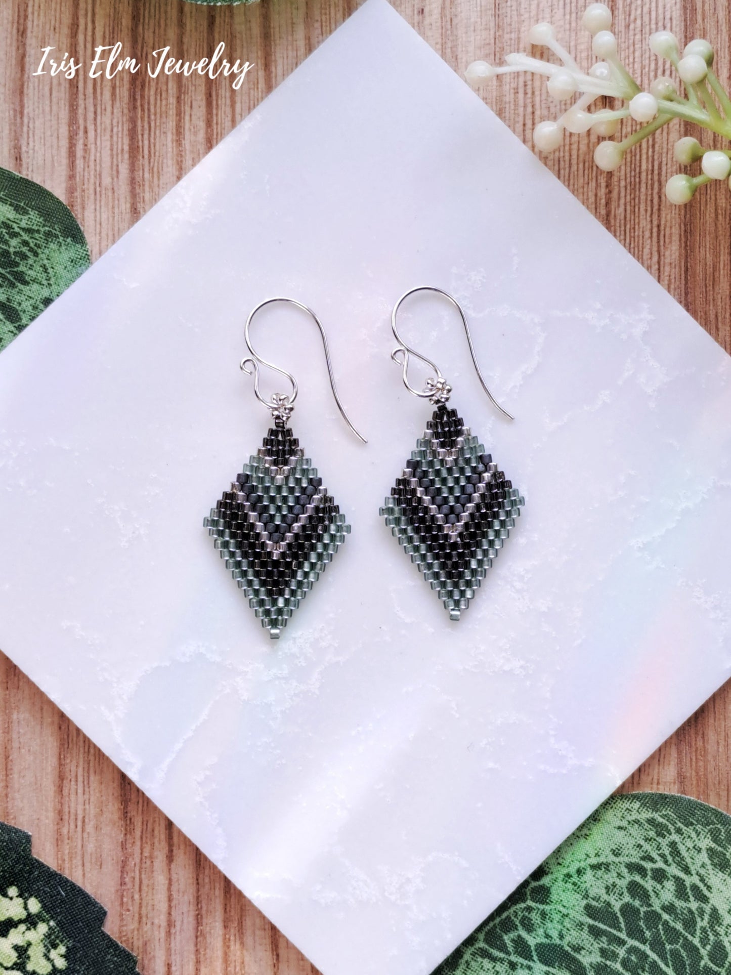 Light Green and Grey Geometric Diamond Seed Bead Earrings
