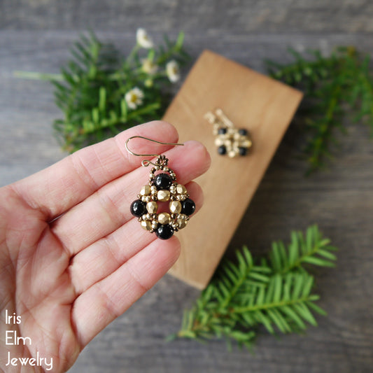 Black Onyx and Gold Glass Beadwork Earrings