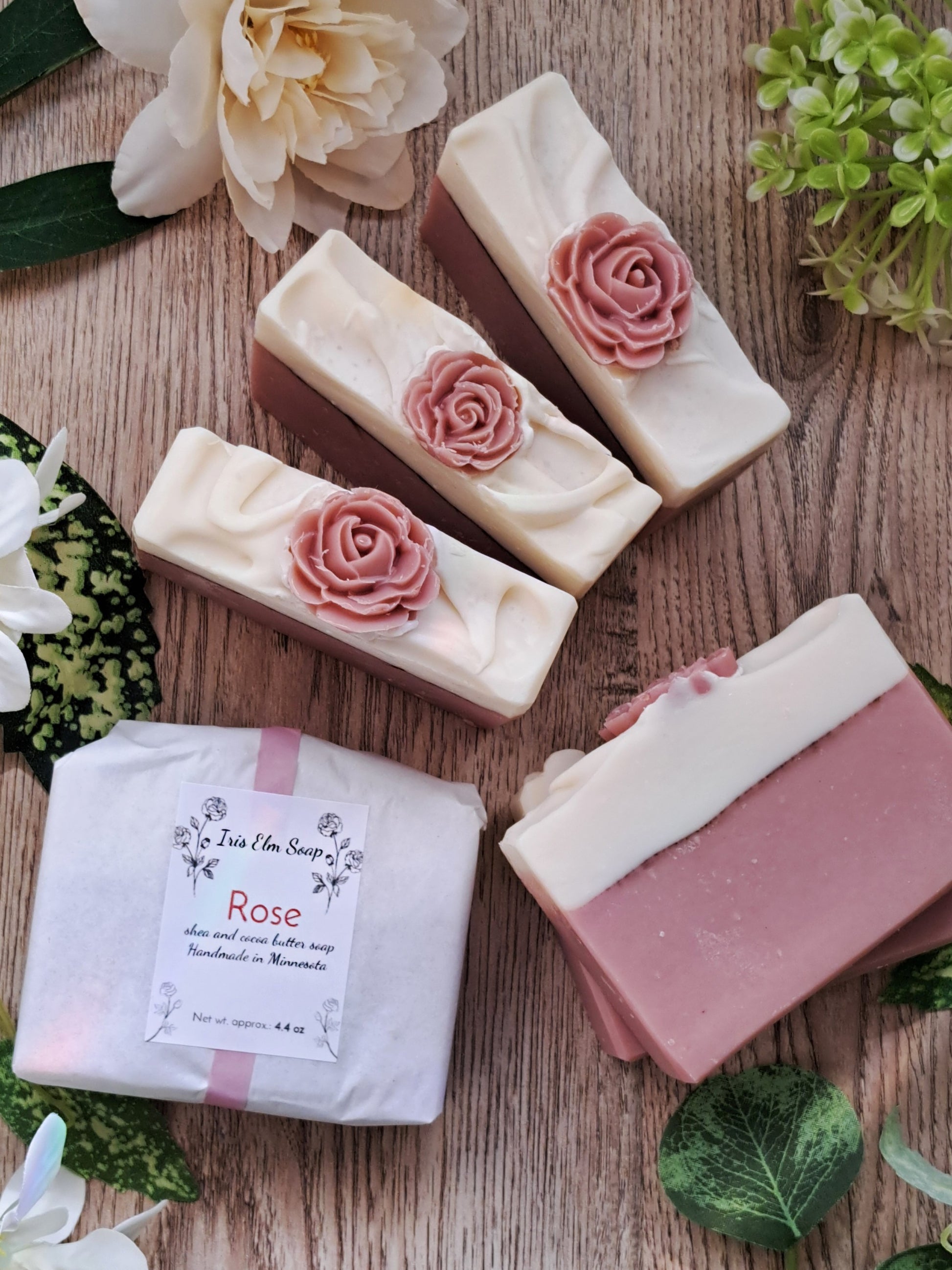 Iris Elm Soap coconut milk rose scented handmade soap bars with pink soap flowers on top
