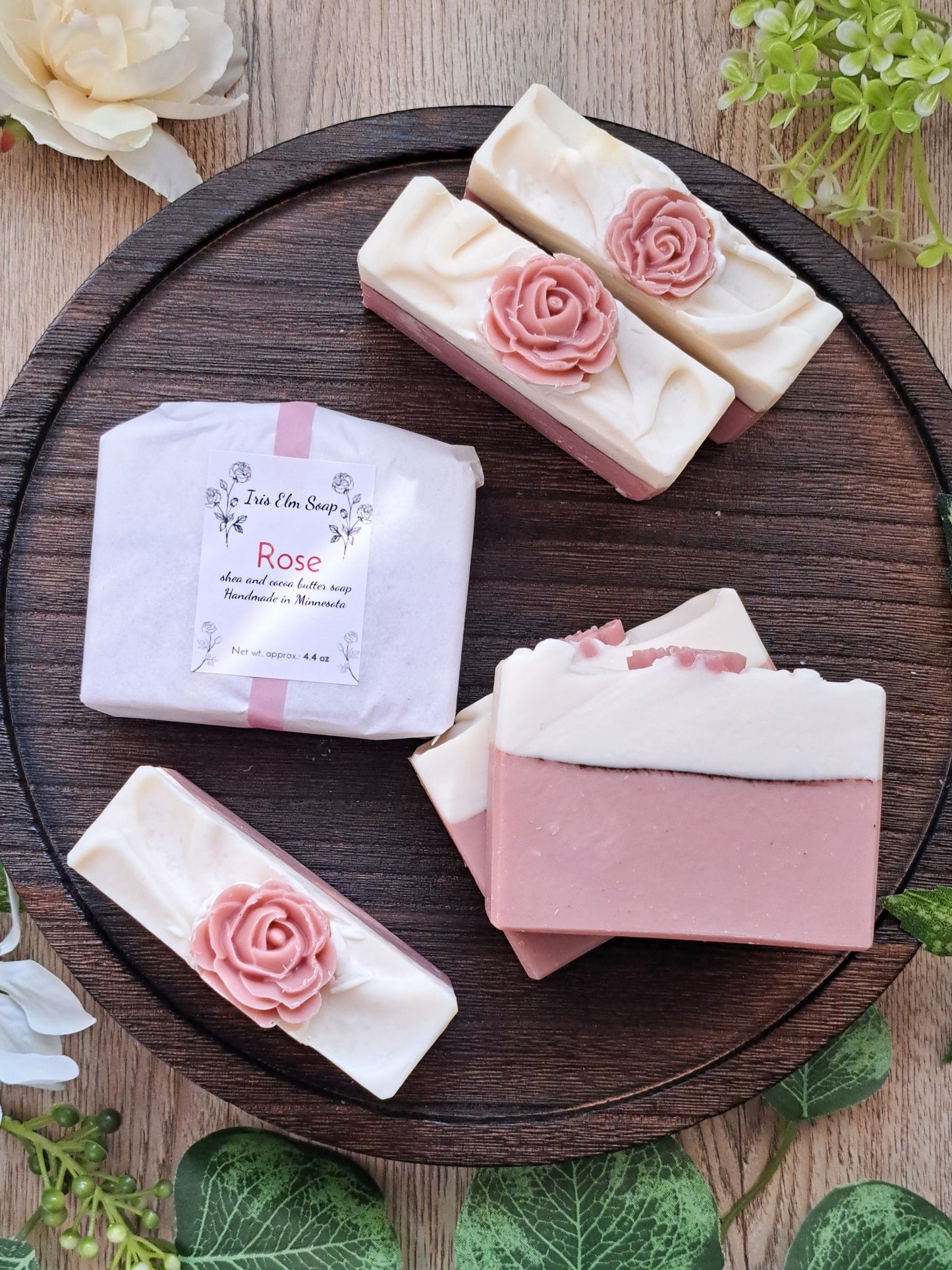 pink and white rose scented handmade soap bars with Iris Elm Soap label
