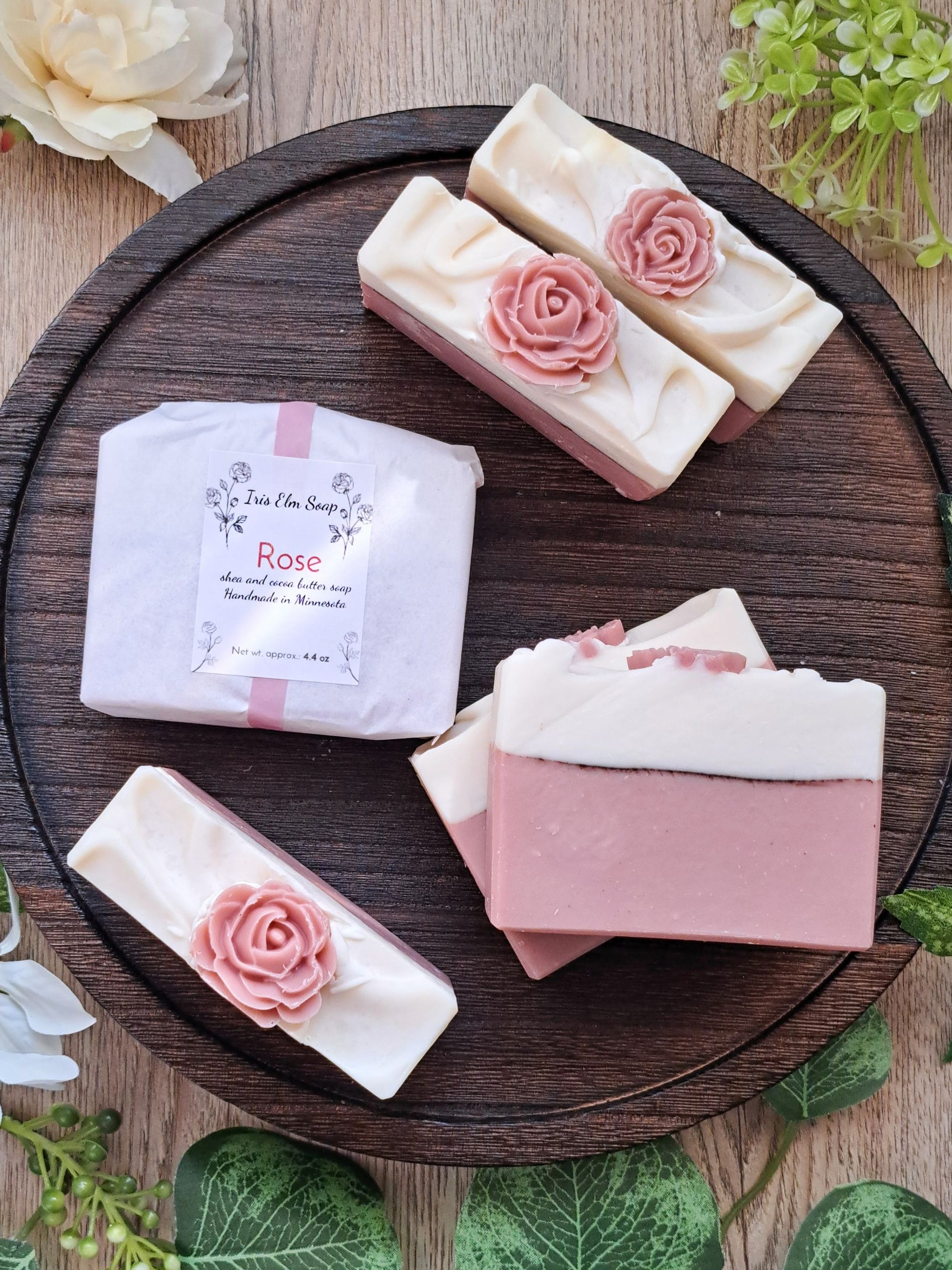 pink and white rose scented handmade soap bars with Iris Elm Soap label