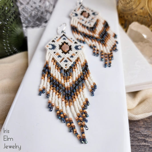 Peach Moonstone Boho Celestial Diamond Seed Bead Fringe Earrings