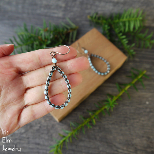 Light Blue Czech Glass Copper Wire Wrapped Teardrop Earrings