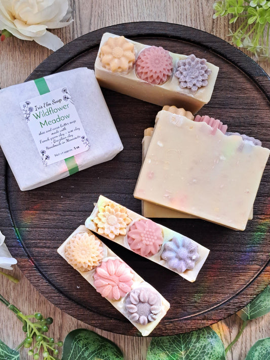wildflower meadow handmade soap bars with clay soap flowers on top of bars