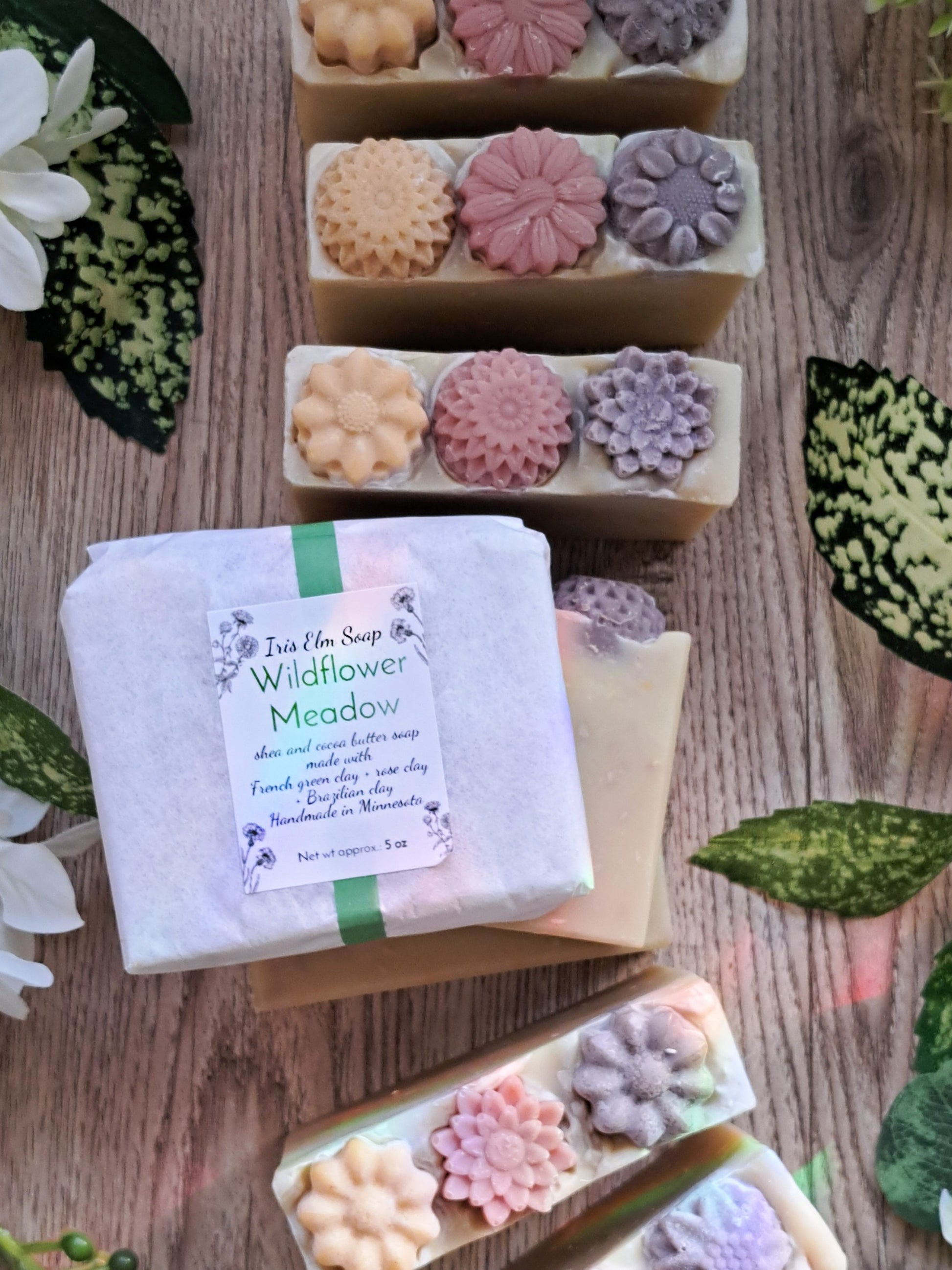 Iris Elm Soap wildflower meadow handmade vegan clay soap bars with soap flowers