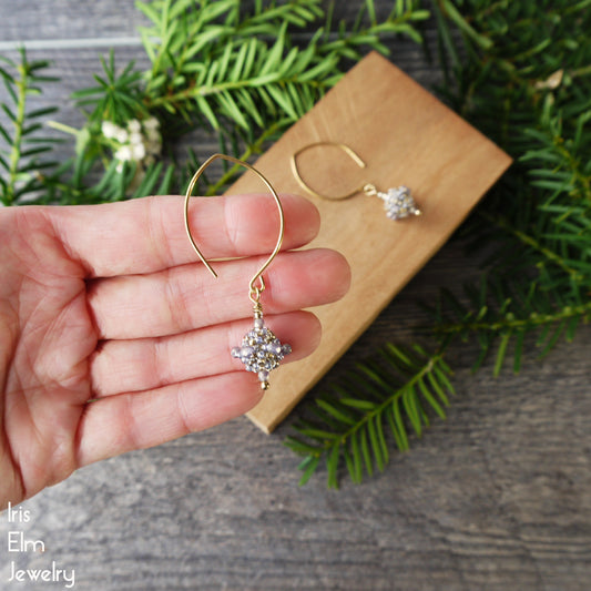 Small Light Purple Czech Glass Beadwork Drop Earrings
