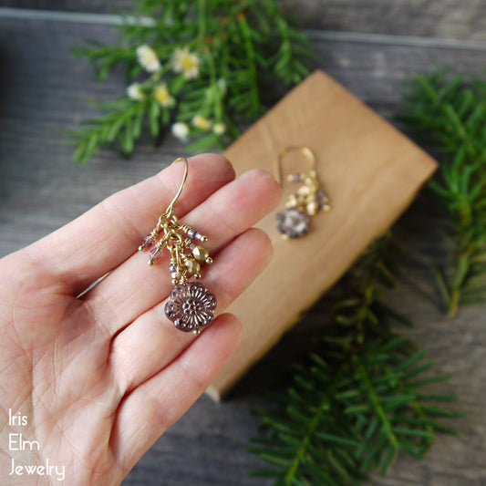 Purple Flower and Gold Czech Glass Bead Brass Dangle Cluster Earrings