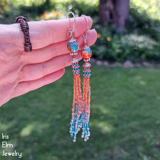 Orange and Teal Ocean Jade and Carnelian Tassel Seed Bead Earrings