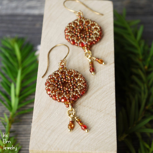 Red Orange Czech Glass Beadwork Wreath Dangle Earrings
