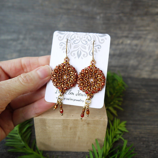Red Orange Czech Glass Beadwork Wreath Dangle Earrings