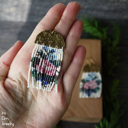 Pink Rose Boho Seed Bead Fringe and Hammered Brass Earrings