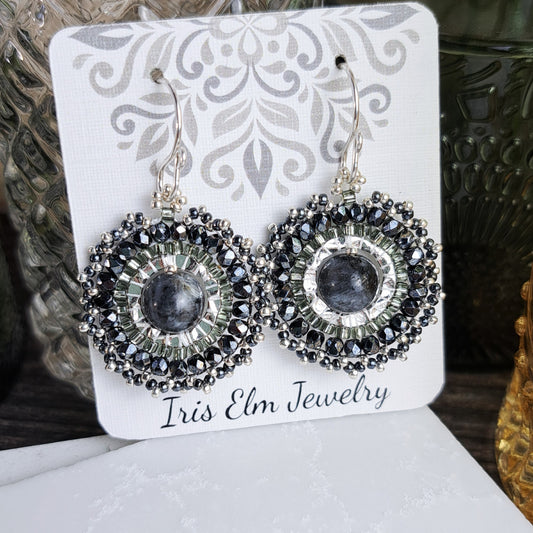 Dark Grey Larvikite and Czech Glass Hoop Beadwork Earrings