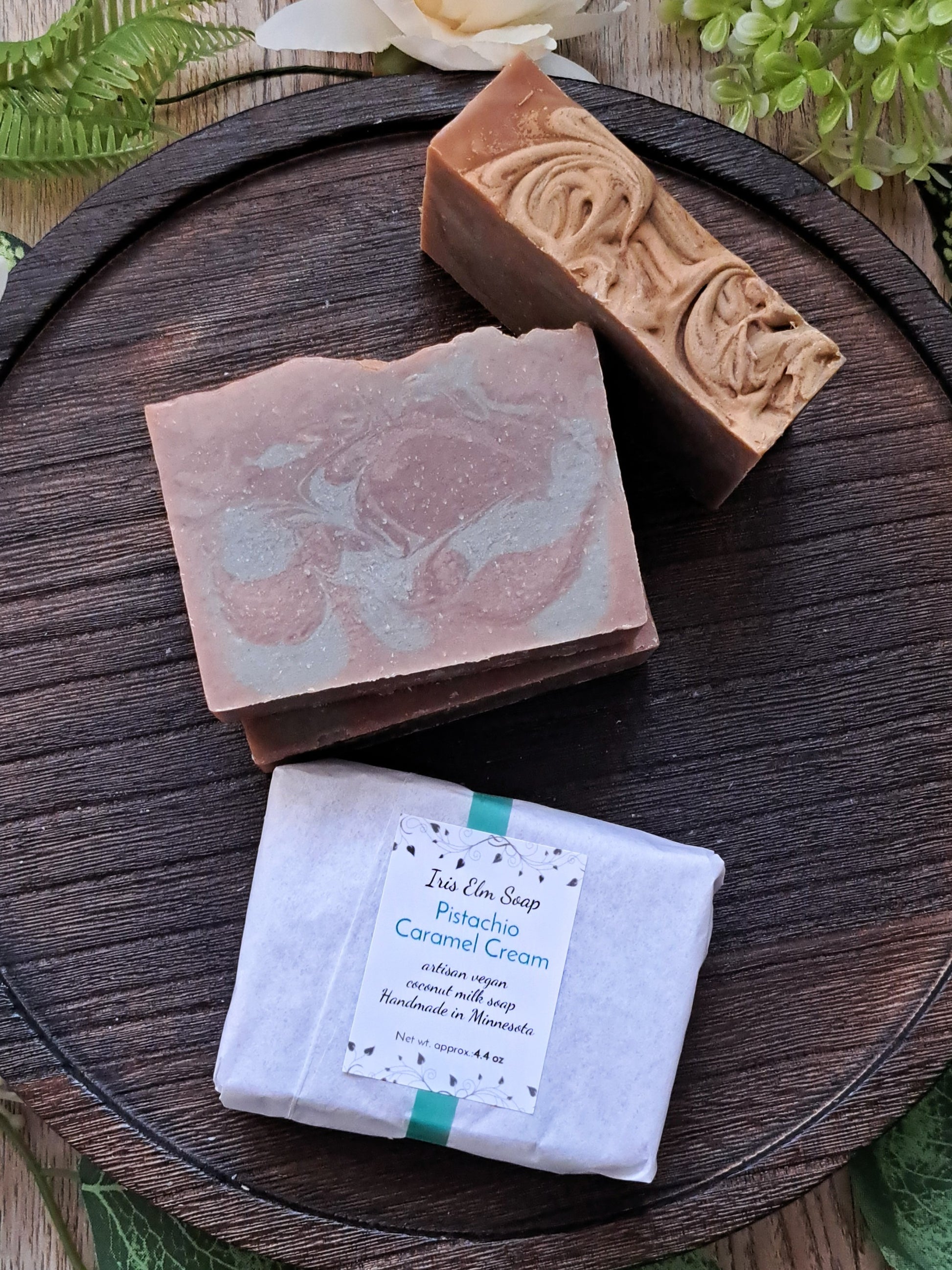 pistachio caramel cream handmade soap bars with Iris Elm Soap label