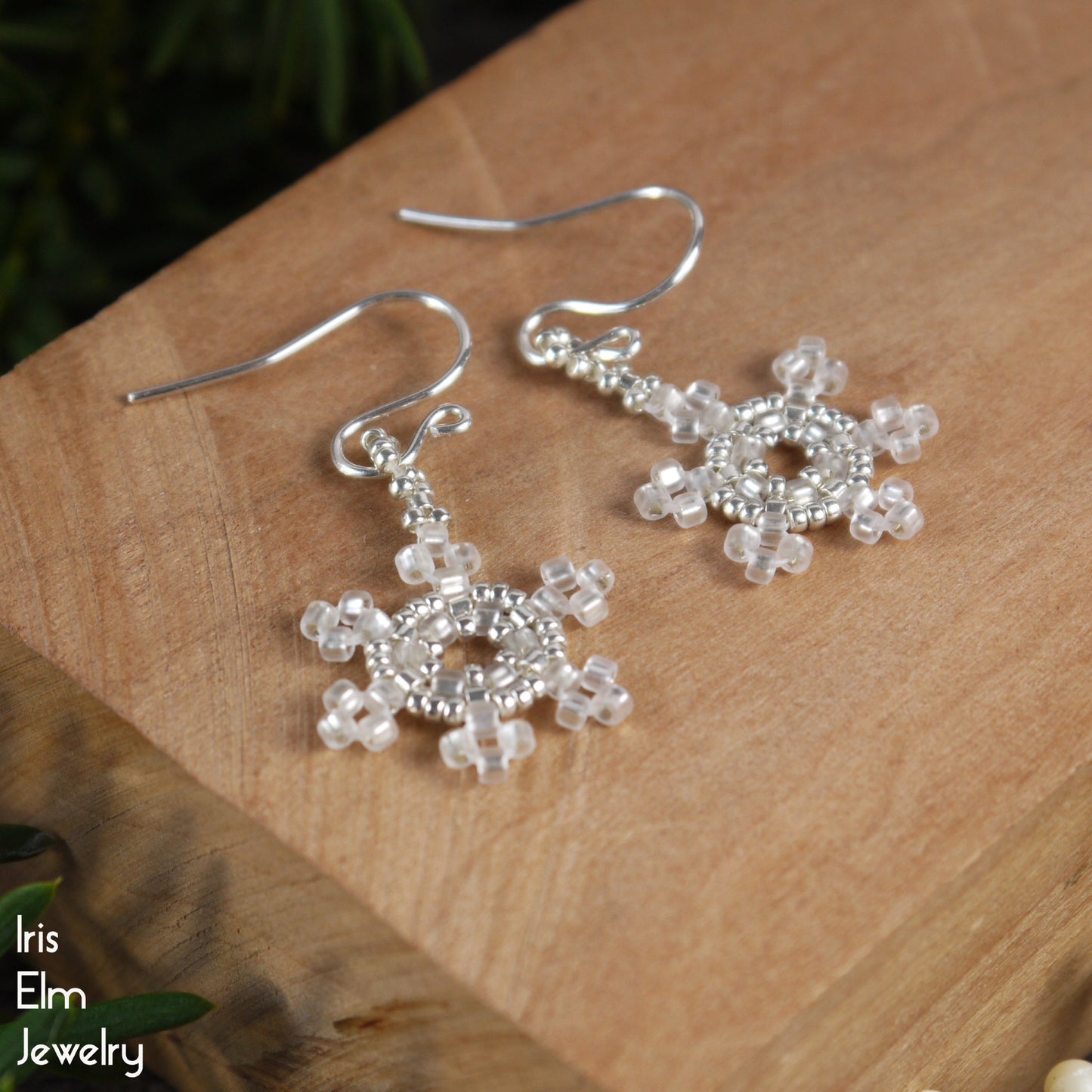 White and Silver Winter Snowflake Seed Bead Earrings