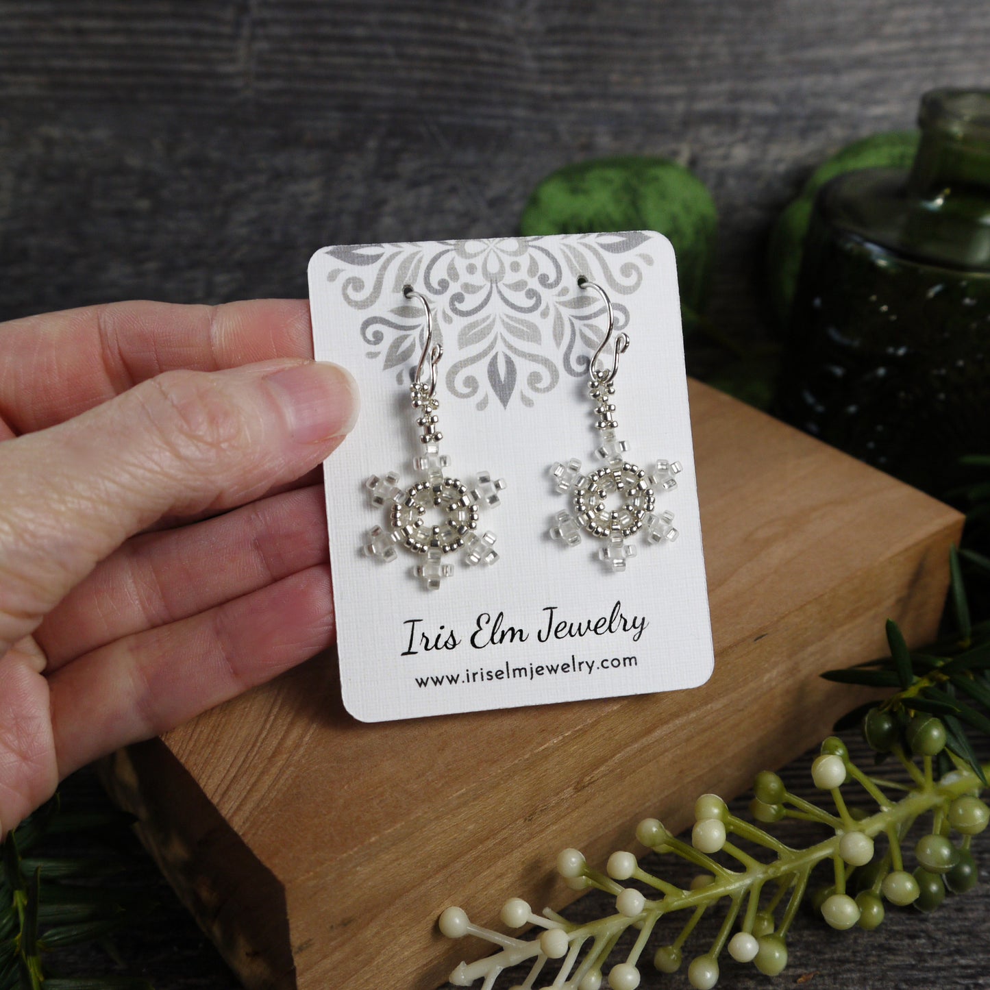 White and Silver Winter Snowflake Seed Bead Earrings