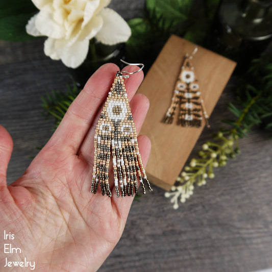 Autumn Harvest Floral Folk Art Glass Seed Bead Fringe Earrings