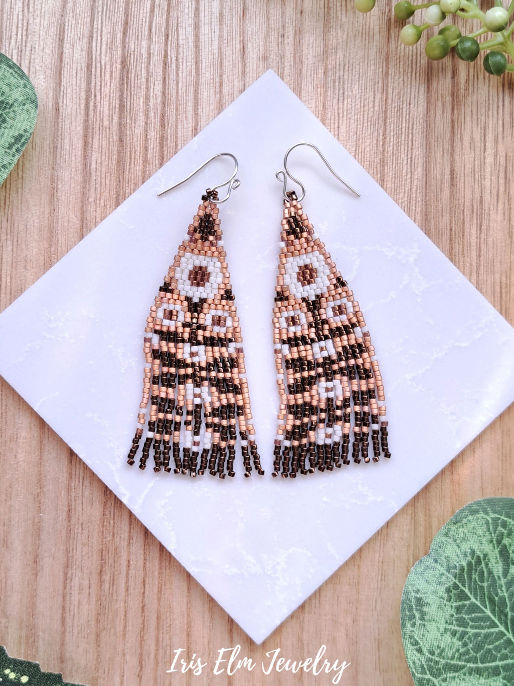 autumn harvest floral folk seed bead fringe earrings beaded with matte copper, bronze, and cream glass beads