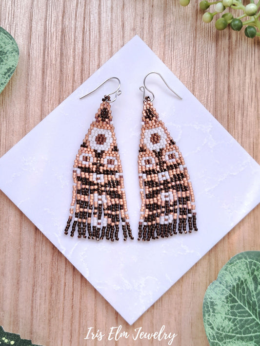 autumn harvest floral folk seed bead fringe earrings beaded with matte copper, bronze, and cream glass beads