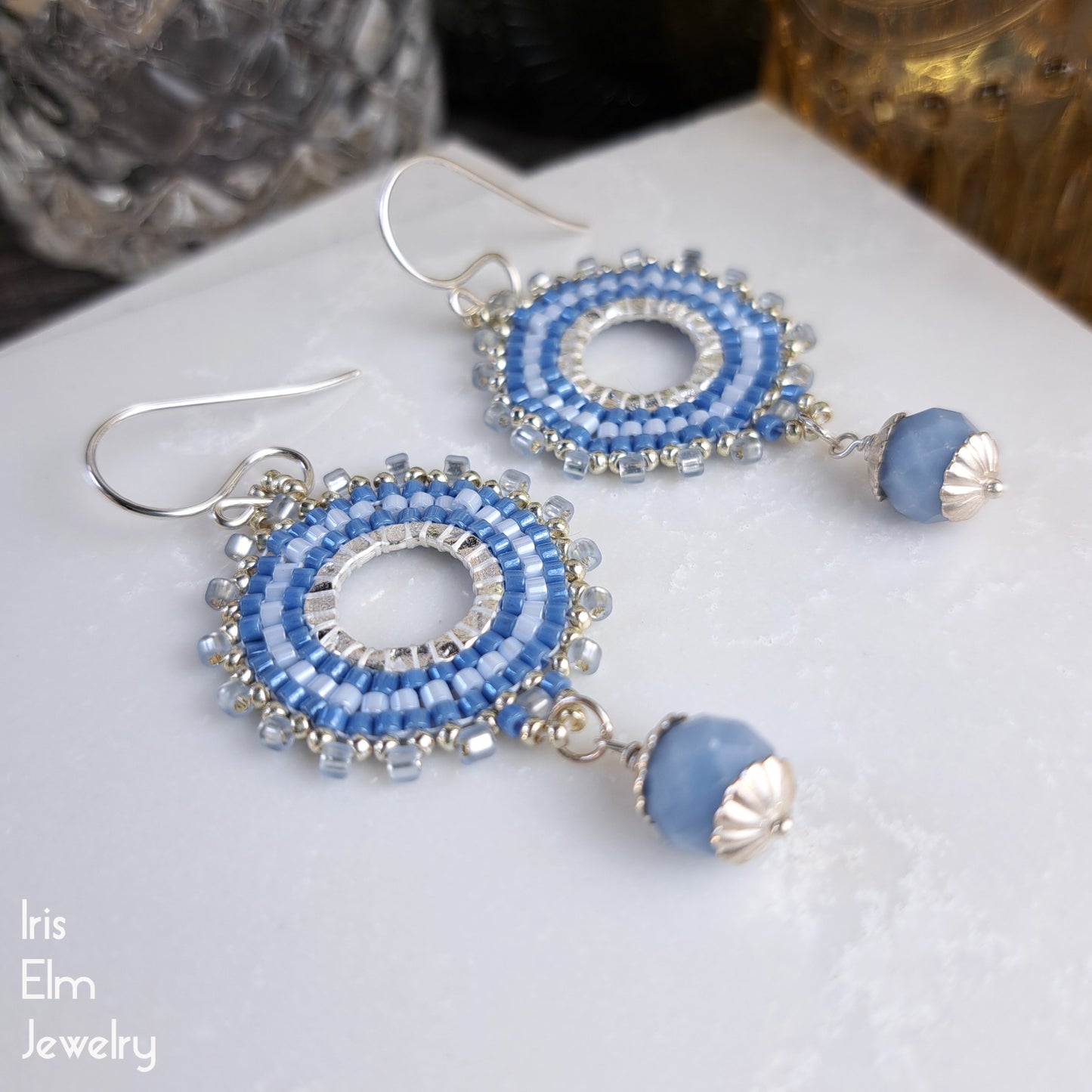 Angelite Light Blue Beaded Hoop Dangle Earrings