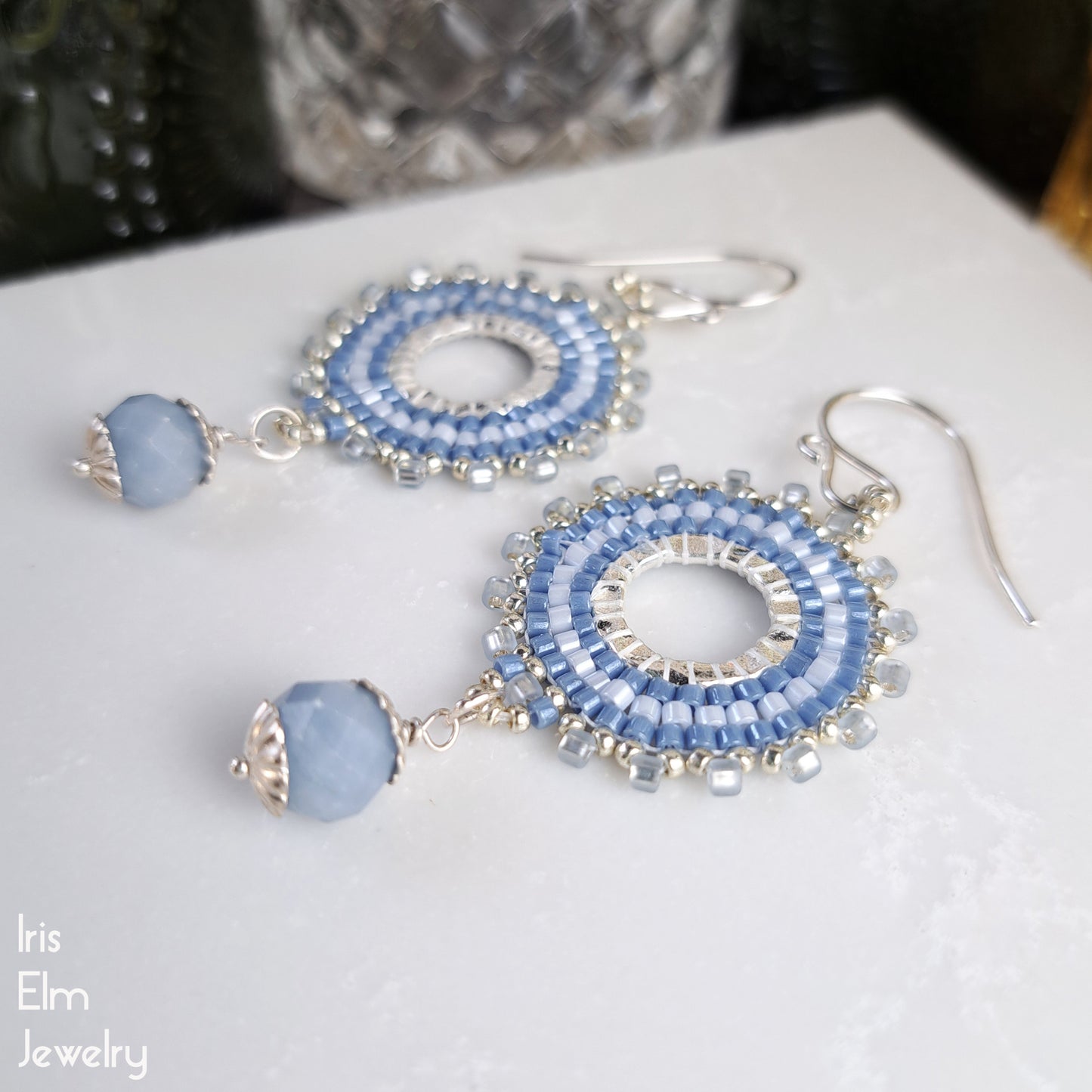 Angelite Light Blue Beaded Hoop Dangle Earrings
