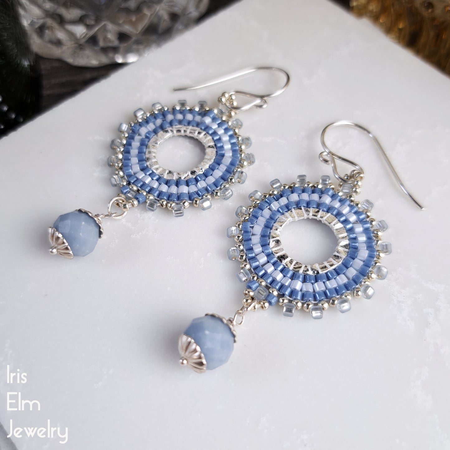 Angelite Light Blue Beaded Hoop Dangle Earrings