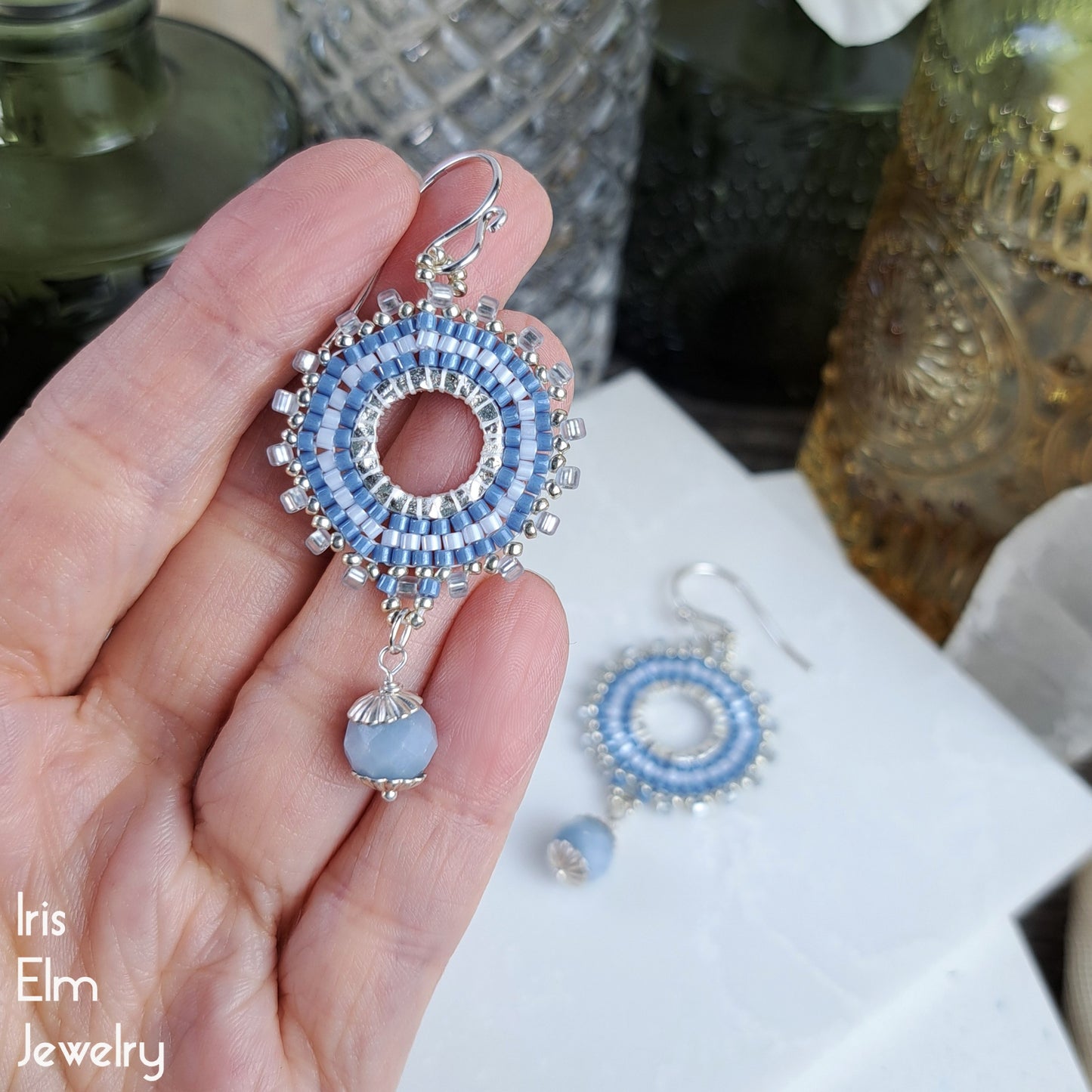 Angelite Light Blue Beaded Hoop Dangle Earrings