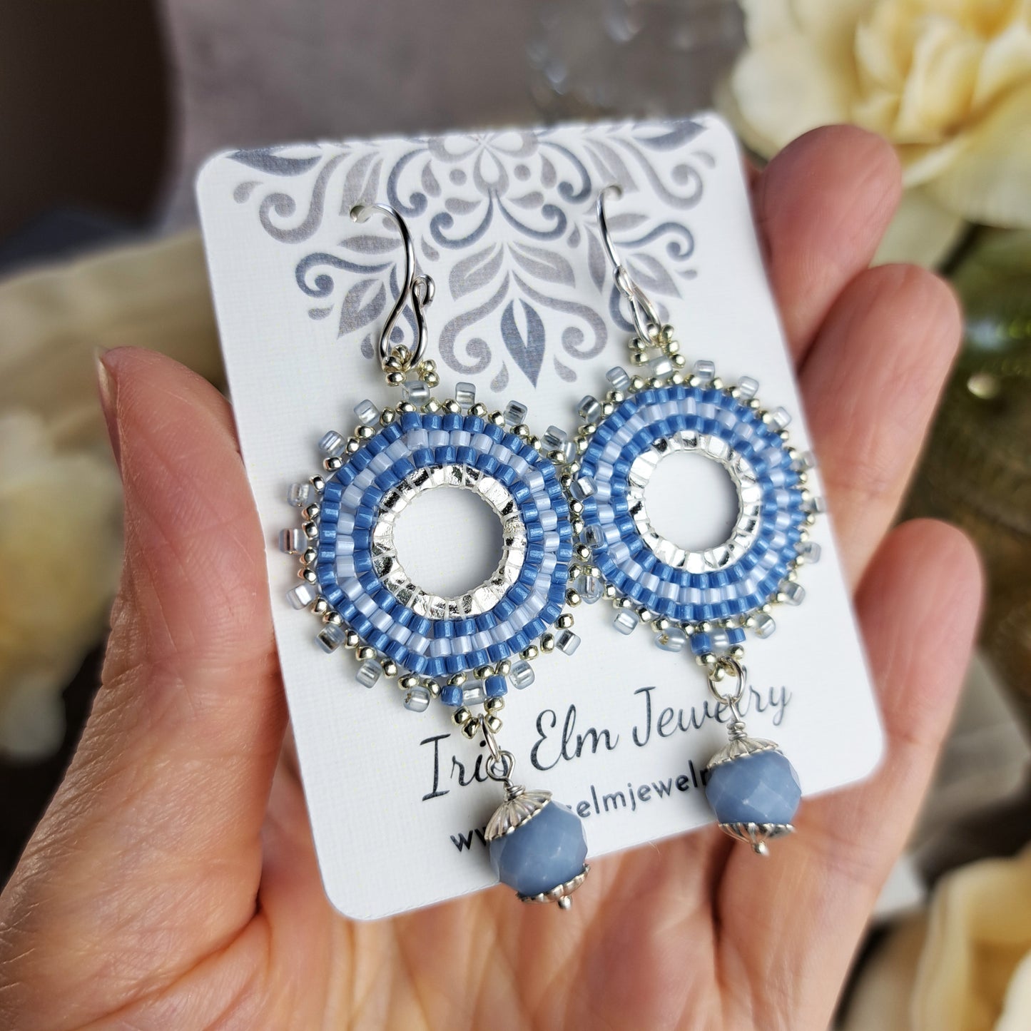 Angelite Light Blue Beaded Hoop Dangle Earrings