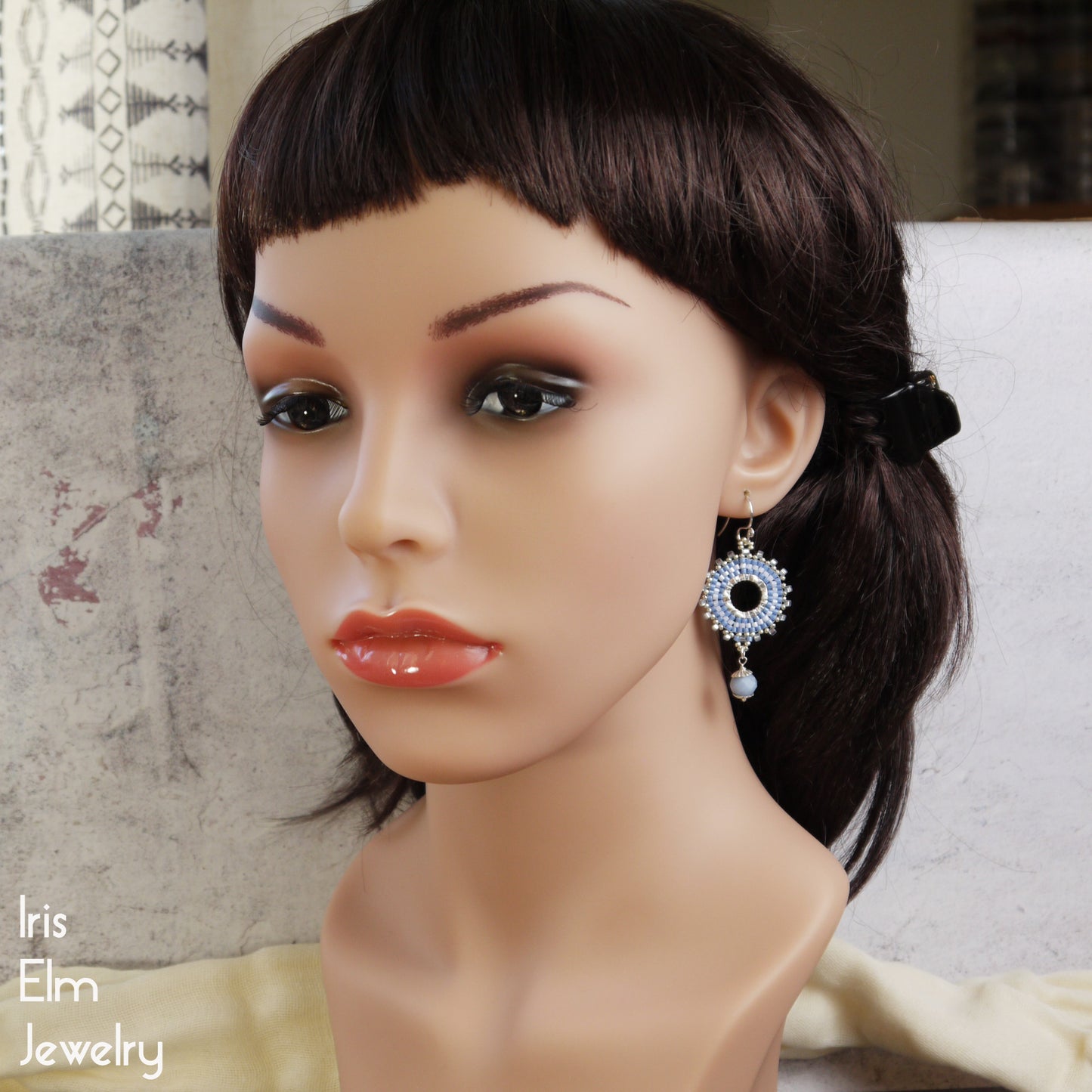 Angelite Light Blue Beaded Hoop Dangle Earrings
