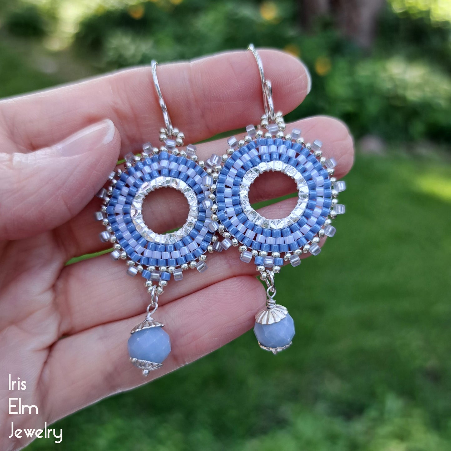 Angelite Light Blue Beaded Hoop Dangle Earrings