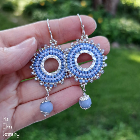 Angelite Light Blue Beaded Hoop Dangle Earrings