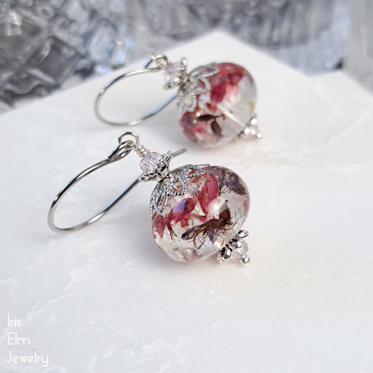 Pink and Purple Dried Pressed Wildflower Drop Earrings
