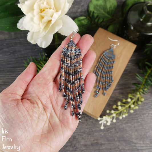 Charcoal Grey, Blue, and Golden Beaded Fringe Earrings