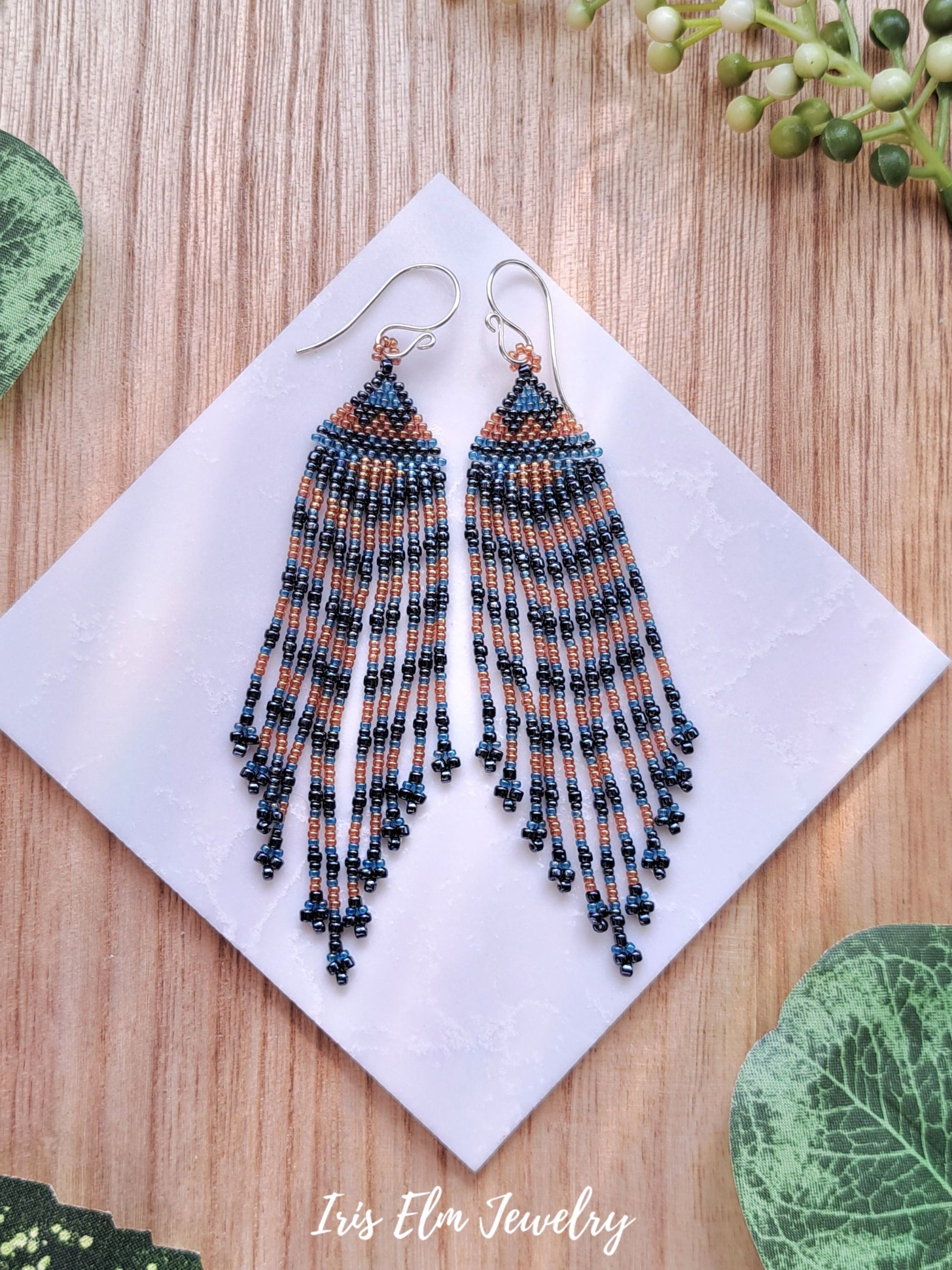 grey, blue, and golden striped seed bead fringe earrings 