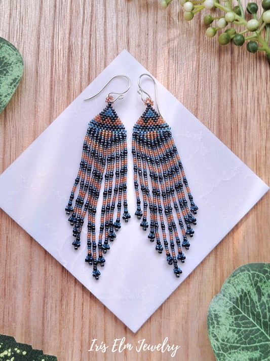 grey, blue, and golden striped seed bead fringe earrings 