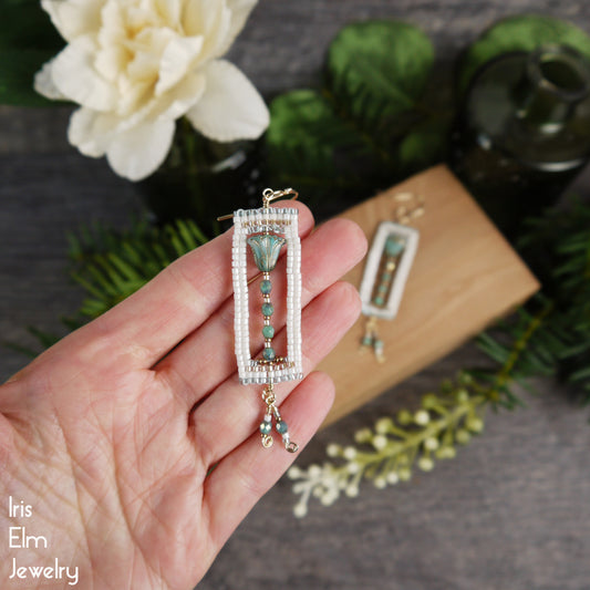 Turquoise Glass Tulip Beadwork Flower Dangle Earrings