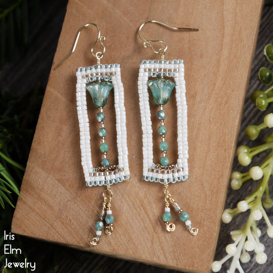 Turquoise Glass Tulip Beadwork Flower Dangle Earrings