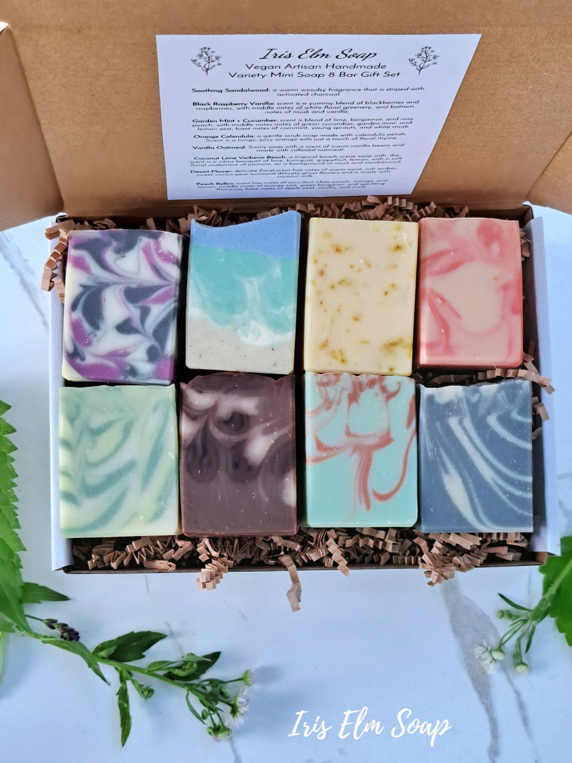 Box of Iris Elm Soap bars with a visible brand label on a white background