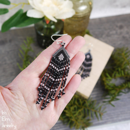 Black and Light Lilac Purple Woven Seed Bead Fringe Earrings