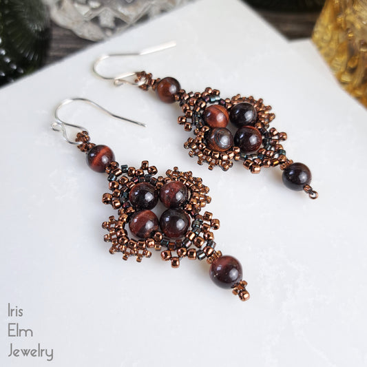Bohemian Beaded Red Tiger Eye Dangle Earrings