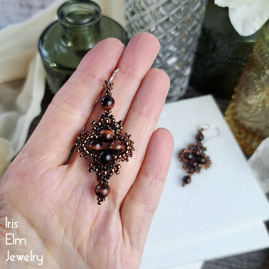 Bohemian Beaded Red Tiger Eye Dangle Earrings