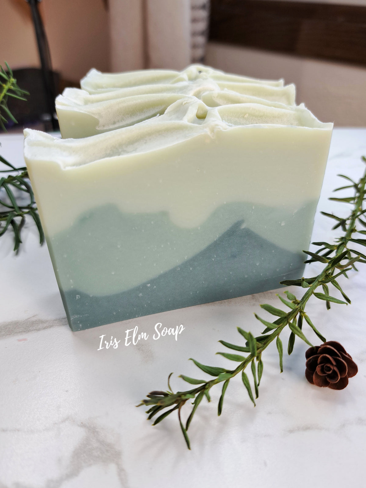 A handmade layered balsam fir soap bar with a creamy off-white top and a muted sage green bottom, styled on a white marble surface with green pine branches and a small pinecone. The brand name 'Iris Elm Soap' is written in white script on the front.