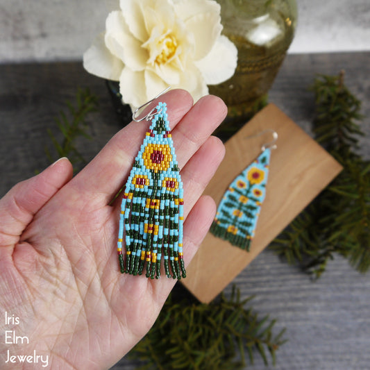 Yellow Sunflower Folk Art Beaded Fringe Earrings