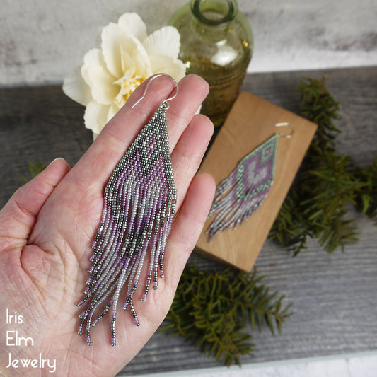 Purple, Seafoam Green, and Grey Bohemian Fringe Earrings