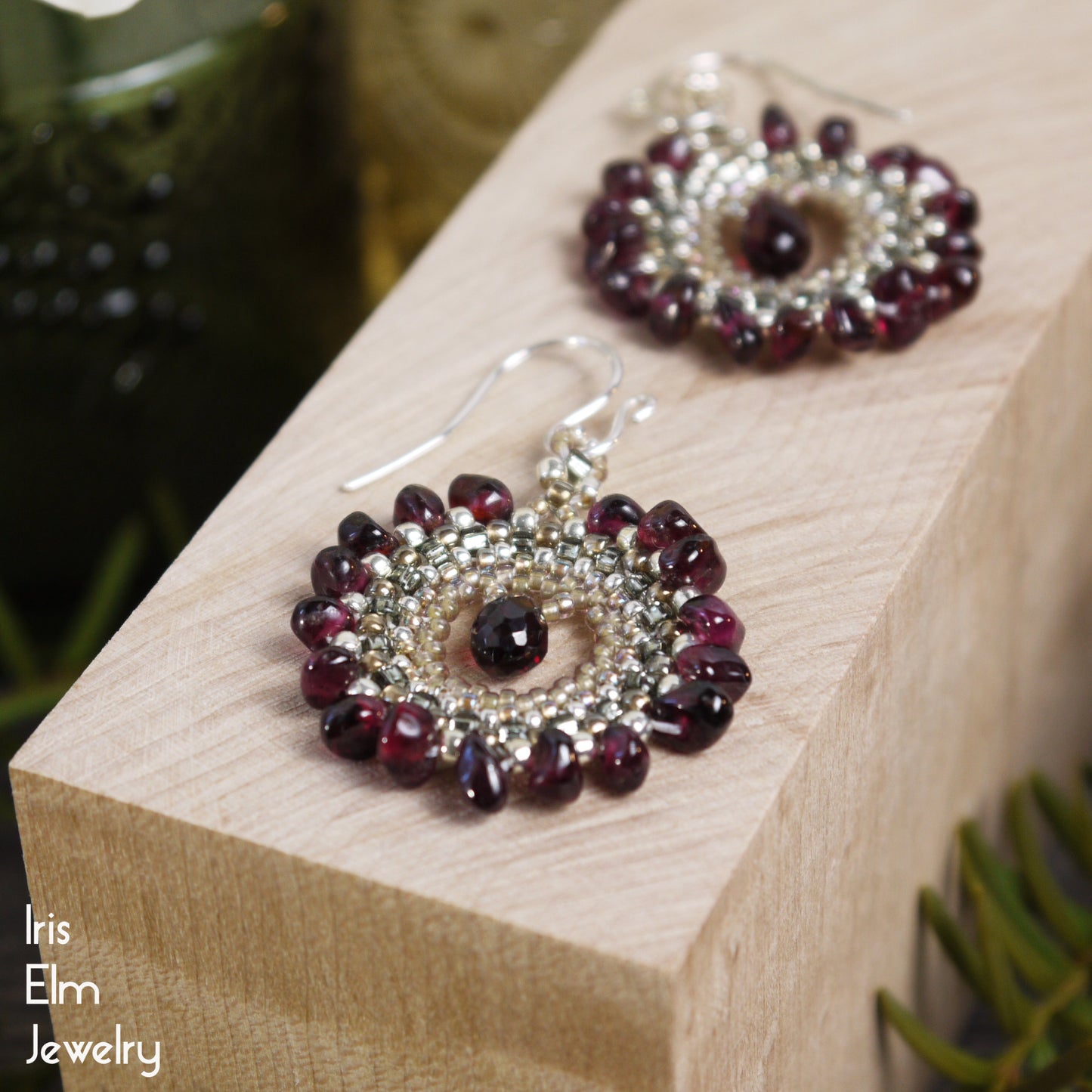 circular boho beadwoven garnet gemstone and seed bead earrings with sterling silver ear wires