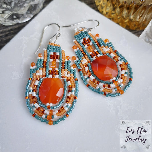 Orange Carnelian Bohemian Stone and Seed Bead Teardrop Earrings